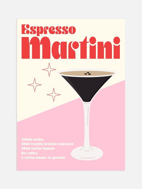 Espresso Martini poster in pastel colours. Great gift for coffee. #VintageFonts #FreeFonts #RetroDesign #Typography #GraphicDesign Pastel, Modern Retro Poster, Espresso Martini Graphic, Retro Cocktail Poster, Espresso Martini Illustration, Espresso Martini Print, Espresso Martini Painting, Esspresso Martini, Martini Illustration