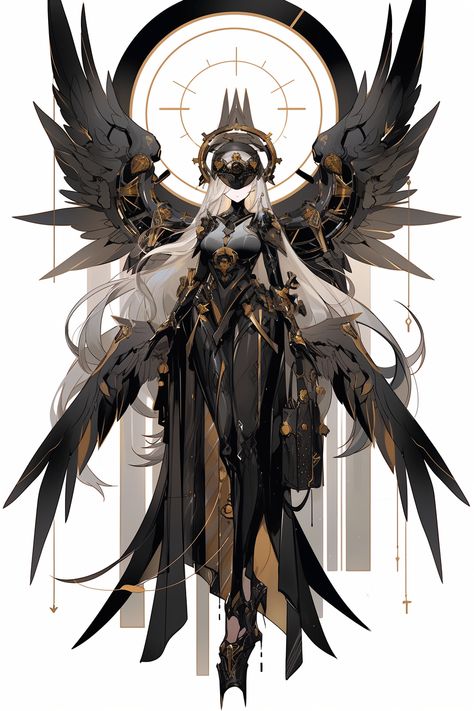 Cyberpunk Goddess, Vtuber Inspiration, God Oc, Godly Character, Black And Gold Aesthetic, Sci Fi Character Design, Anime Knight, Black Armor, Fantasy Demon