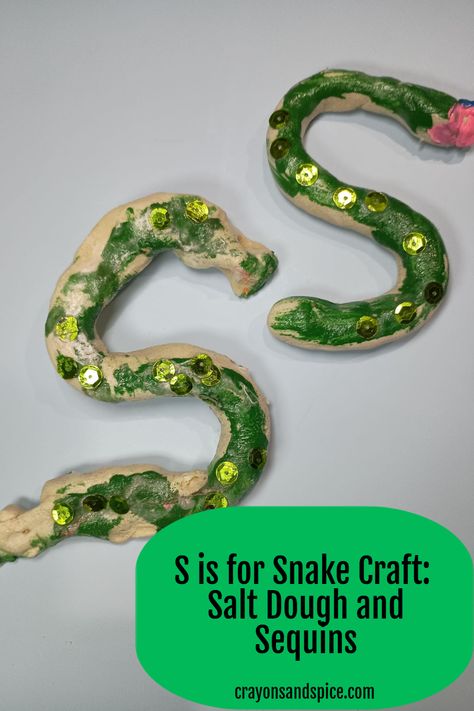 Picture of two snakes made from salt dough and shaped into the letter S. They are painted green with green sequins glued to them. Snake Activities, Snakes Painting, S Is For Snake, Snake Craft, Snake Crafts, Fun Craft Ideas, S Craft, Sequin Crafts, S Alphabet