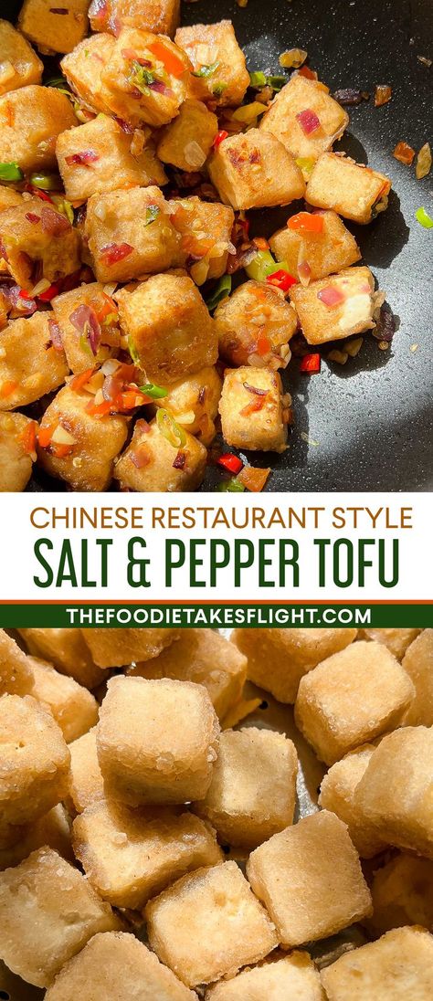 Chinese Five Spice Tofu, Vegan Green Pepper Recipes, Salt And Pepper Tofu Recipe, Crispy Garlic Tofu, Salt And Pepper Tofu, Green Pepper Recipes, Tofu Cubes, Vegan Board, Pepper Tofu