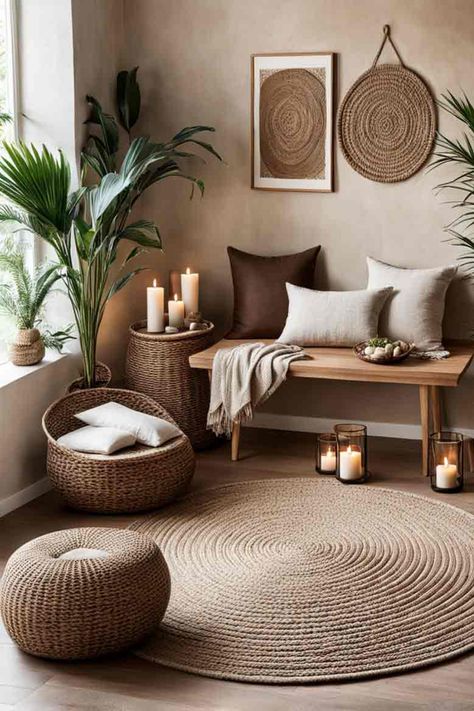 Living room meditation corner with brown, beige and white color scheme Outdoor Cozy Corner, Yoga Altar Meditation Corner, Quiet Room Ideas Meditation Space, Meditation Area Ideas Small Spaces, Zen Space Room Ideas, Small Home Yoga Room, Meditation Corner Ideas, Meditation Corner In Bedroom, Zen Room Ideas