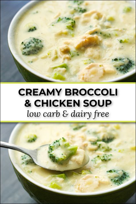 green bowl with creamy broccoli and chicken soup and text Cauliflower Soup Keto Low Carb, Low Fat Low Carb Soup Recipes, Low Carb Cream Of Broccoli Soup, Cauliflower Parmesan Soup Recipes, Soup Recipes Healthy Creamy, Filling Low Calorie Soup, Keto Chicken Soup Recipes Crockpot, Low Calorie Cauliflower Soup, Low Cal Chicken Soup