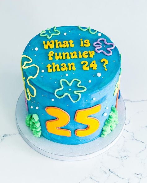 So happy I finally got asked to do this theme. Love that this random moment in SpongeBob has become a popular theme for a 25th birthday. Flavor: Almond cake with raspberry filling #whatsfunnierthan24 #spongebobfans #dallasbaker #dfwcakes #dallaseventplanner #spongebobbirthday #25thbirthday Quarter Century Birthday Cake, 25th Bday Cakes For Him, 25th Birthday Cake For Him Boyfriends, 25 Birthday Cake Funny, Spongebob 25 Birthday Cake, 25th Birthday Cake For Him, 25 Birthday Theme, Almond Cake With Raspberry Filling, 25 Birthday Cake