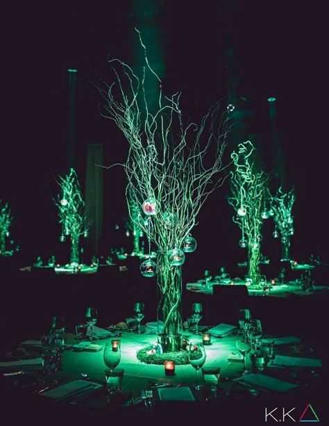 Dark Forest Party Theme, Tree Event Decor, Enchanted Forest Gala, Mystical Centerpieces, Mystical Theme Party, Fantasy Event Decor, Magic Centerpieces, Mystical Forest Theme Party, Magic Theme Centerpieces