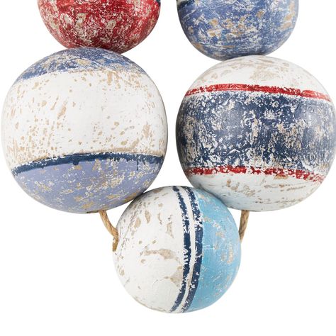 "Buy the Multicolor Handmade Distressed 5 Strung Wooden Buoy Hung Wall Décor at Michaels. com. Made from pine wood, this wall décor piece is a tribute to craftsmanship and durability, ensuring it stands the test of time in your nautical-themed space. The distressed buoy five strung wall décor exhibits a charming blue, white and red color with a weathered finish, evoking a nautical vibe that's perfect for coastal décor. Inspired by blissful serenity and the allure of the sea, where the harmonious Small Lake Cottage Interiors, Small Lake Cottage, Modern Nautical Decor, Buoy Decor, Nautical Home Decorating, Nautical Outdoor Decor, Nautical Bar, Vintage Nautical Decor, Pine Walls