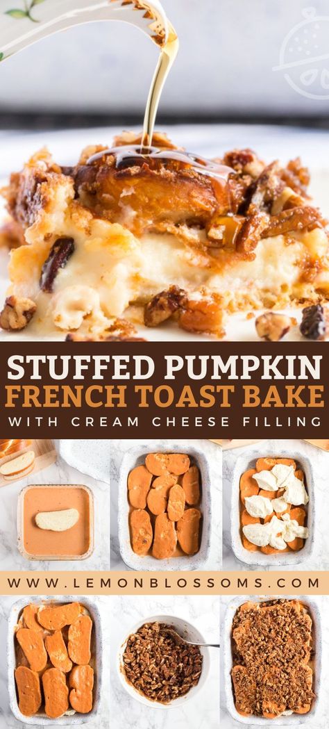 Pumpkin French Toast Bake with the most decadent sweet cream cheese filling then topped with a crunchy pecan-brown sugar topping and baked to golden perfection. This easy French Toast casserole is the best fall breakfast treat! Make it ahead and bake it in the morning for a hassle free breakfast or brunch! #breakfast #brunch #easy #recipe #casserole #Thanksgiving #holidays #pumpkin #fall Pumpkin Breakfast Casserole Recipes, Fall Brunch Casserole, Thanks Giving Brunch, Breakfast Friendsgiving, Pumpkin French Toast Bake Overnight, Sweet Make Ahead Breakfast, Breakfast For Thanksgiving Morning, Fall French Toast Casserole, Fall Breakfast Treats