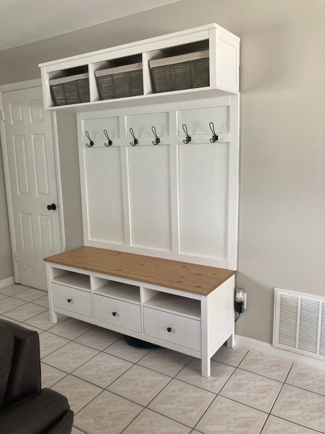 Mudroom Ideas Ikea Hacks, Ikea Mudroom Bench Hack, Ikea Hack Coat Closet, Mudroom Bench Ikea Hack, Ikea Hack Coat Rack Entryway, Entry Way Bench Ikea Hack, Ikea Wardrobe Entryway, Mudroom Entryway Ikea, Hall Tree Ikea Hack