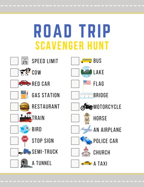 Fun Road Trip Ideas, Travel Scavenger Hunt, Bridge Restaurant, Road Trip Scavenger Hunt, Fun Printables For Kids, Road Trip Printables, Scavenger Hunt Ideas, Printable Road, Airplane Activities