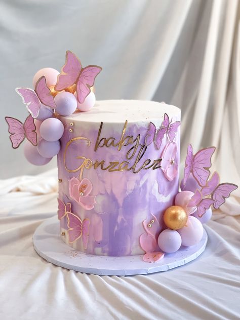 Purple Birthday Theme Ideas, Birthday Cake Ideas For Baby Girl, Babyshower Decoration Ideas Girl, Babyshower Ideas Baby Girl, Birthday Theme Ideas For Baby Girl, Pink Butterfly Cake Ideas, Purple Butterfly Theme Cake, Enchanted Baby Shower Cake, Pink And Purple Cake Ideas Birthday