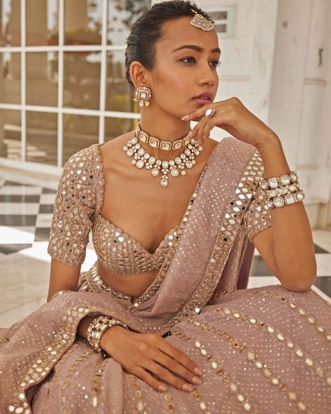 Blouse Ideas For Saree, Pink Sequin Lehenga, Elbow Length Blouse, Mirror Lehenga, Intricate Mirror, Vani Vats, Sequin Lehenga, Indoor Ideas, Indian Accessories