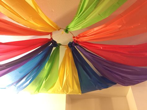 Rainbow Ceiling Decorations, Candy Theme Birthday Party, 1 Balloon, Painting Birthday, Diy Rainbow, Plastic Tablecloth, Rainbow Theme, Circus Theme, Paper Stars