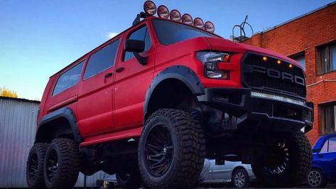 Russian-Built Ford 'Raptor Bus' Is the Ultimate E-Series Van - The Drive - Brought to you by Smart-e Lifted Van, Ford E Series, Lifted Ford, 4x4 Van, Ford Van, Cool Vans, Ford Raptor, Car Ford, The A Team