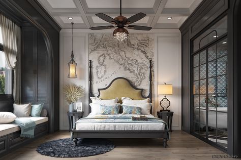 Indochine Bedroom on Behance Colonial Style Interior Modern Bedroom, Art Deco Style Bedroom, Classical Modern Bedroom, Modern Colonial Bedroom, Indochine Bedroom, Classical Bedroom, Colonial Bedroom, Indochine Interior, Classic Bedroom Design