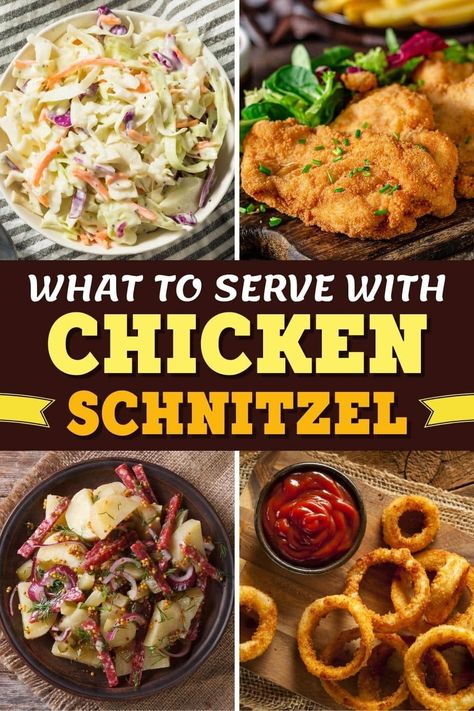 Wondering what to serve with chicken schnitzel? From coleslaw to buttered noodles to mashed potatoes, each of these side dishes is the perfect accompaniment. Chicken Schnitzel Sides Dishes, What To Serve With Schnitzel, Schnitzel Side Dishes, Chicken Schnitzel Sides, Snitzel Recipe, Chicken Snitzel Recipe, Chicken Shnitzel, Schnitzel Recipe, Sides For Chicken