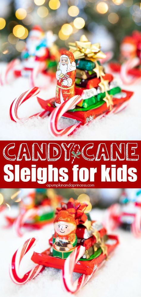 DIY Candy Cane Sleigh - How to make candy cane sleigh gifts for kids. This easy holiday craft is made with candy canes, mini chocolate bars, a Santa candy, then tied with a ribbon and bow. Perfect for classrooms gifts, neighbor gifts, or from an Elf on the Self! #candy #cane #sleigh #craft #Christmas #craftsforkids Candy Cane Sleighs, Sleigh Craft, Easy Diy Candy, Diy Candy Cane, Christmas Candy Crafts, Candy Sleigh, How To Make Candy, Candy Cane Sleigh, Candy Gifts Diy