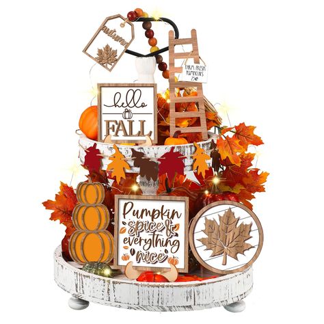 Wooden Fall Decor, Tiered Tray Decorations, Pumpkin Gnome, Fall Tiered Tray, Fall Tiered Tray Decor, Farmhouse Tray, Tabletop Signs, Harvest Decorations, Tiered Trays