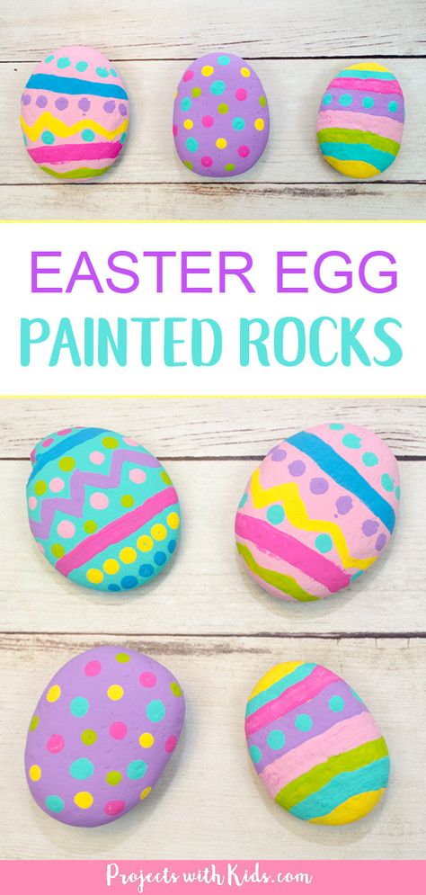 These painted Easter egg rocks are super easy and tons of fun for kids to make! Use them as part of your Easter decor or include them in a non-candy Easter egg hunt! #eastercrafts #rockpainting #projectswithkids Påskeaktiviteter For Barn, Rocks For Kids, Egg Rock, Diy Osterschmuck, Fun Easter Crafts, Easter Activities For Kids, Easy Easter Crafts, Easter Egg Painting, Easter Eggs Diy