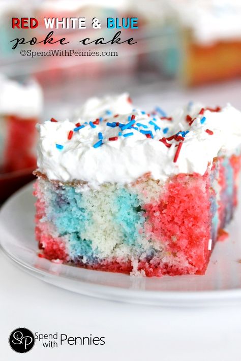 Red White & Blue Poke cake!  Perfect for 4th of July, this cake is easy to make and always moist & delicious! Poke Cake Jello, Seasonal Baking, Patriotic Desserts, 4th Of July Cake, Blue Desserts, Spend With Pennies, Baking Fun, Poke Cake Recipes, 4th Of July Desserts