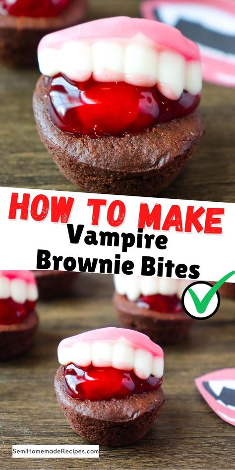 Brownie Bites Halloween Treats, Vampire Treats Party Ideas, Halloween Brownie Bites, Vampire Desserts, Halloween Bites, Halloween Rice Krispie Treats, Strawberry Cheesecake Bites, Homemade Cherry Pies, Halloween Foods