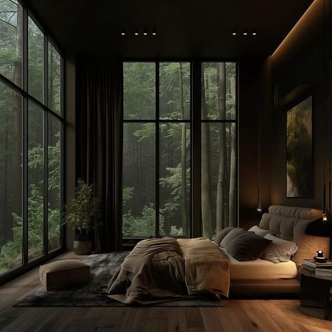 Rainforest Aesthetic Bedroom, Forest House Bedroom, Earthy Luxury Bedroom, Jungle Villa, Dark Bedroom Aesthetic, House Moving Tips, Dark Cozy Bedroom, Peaceful View, Home Color Palette