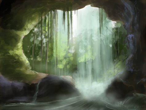 Cave entrance, behind the Waterfall by Yufika Cave Behind Waterfall Art, Cave Waterfall Art, Behind The Waterfall, Cave Entrance Art, Cave Behind Waterfall, Fantasy Cave Entrance, Behind Waterfall, Magical Cave, Waterfall Cave