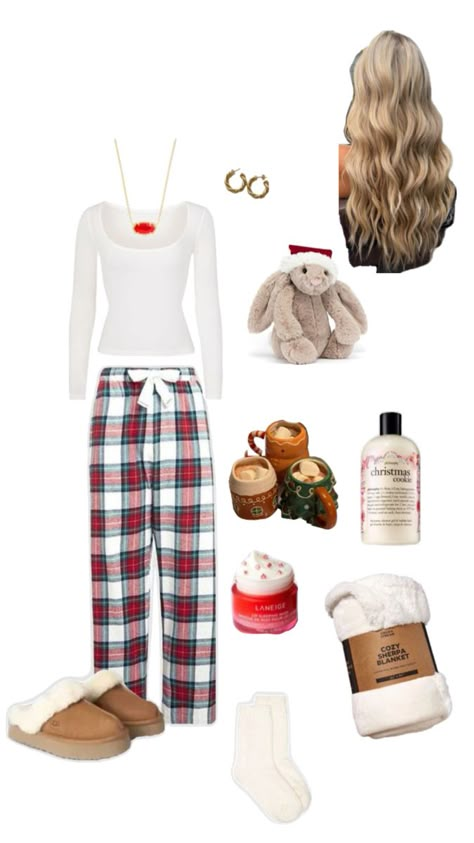 christmas - winter - cozy - comfy - pajamas Christmas Pjs Outfit Ideas, Christmas Day Outfit Comfy, Christmas Party Outfits Pajamas, Christmas Pajama Day School, Christmas Pajama Outfit Ideas, Cozy Christmas Pajamas, Christmas Outfit Layout, Preppy Christmas Pajamas, Cute Christmas Eve Outfits