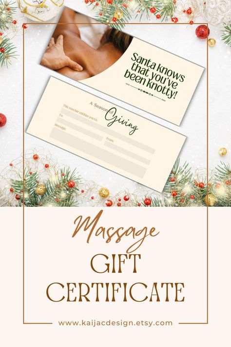 Designed by a massage therapist with both therapists and clients in mind, this template empowers you to effortlessly create personalized gift certificates. A Christmas gift certificate for a massage can be the perfect present for someone who deserves a little relaxation and pampering during the holiday season. Massage Gift Certificate, Massage Therapist Gifts, Christmas Gift Certificate, Spa Specials, Printable Gift Cards, Gift Certificate Template, Spa Products, Gift Certificate, Massage Therapist