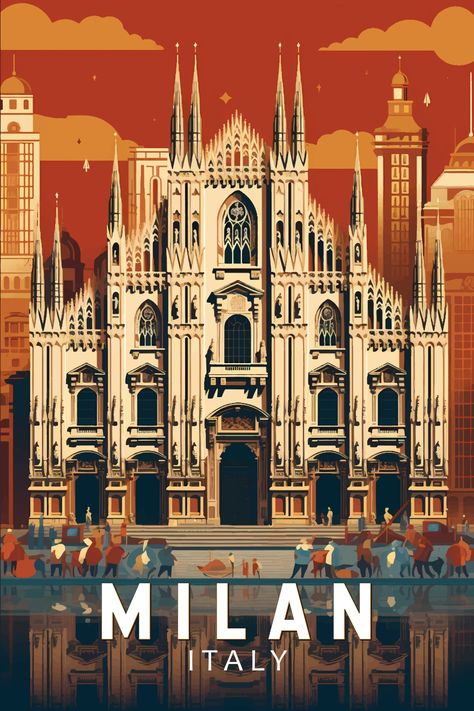 Milan Italy Duomo di Milano Travel Art Vintage Poster Milano Travel, Italy Duomo, Italy Poster, Travel Poster Design, Vintage Poster Design, Milano Italy, Graphic Poster Art, Retro Travel Poster, Italy Print