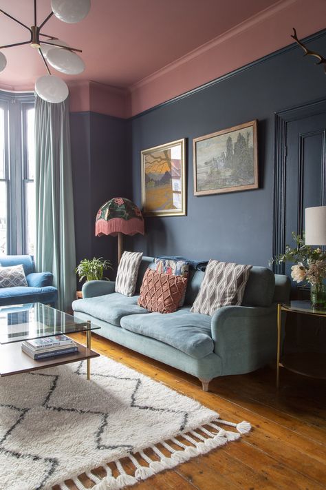 West Elm UK: An All-Blue Living Room Makeover in South East London - Front + Main Blue And Pink Living Room, Pink Living Room, Cosy Living Room, Blue Living Room, Blue Rooms, Living Room Colors, Living Room Makeover, Living Room Inspo, New Living Room