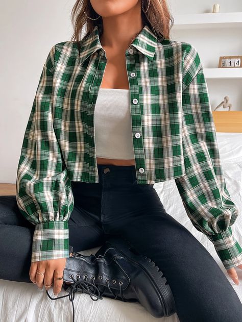 Plaid Bishop Sleeve Crop Shirt | SHEIN USA Long Sleeve Top Outfit, Cropped Long Sleeve Top, Causal Outfits, Plaid Blouse, Bishop Sleeve, Women Blouses, Long Sleeve Plaid, Crop Shirt, Women Tops