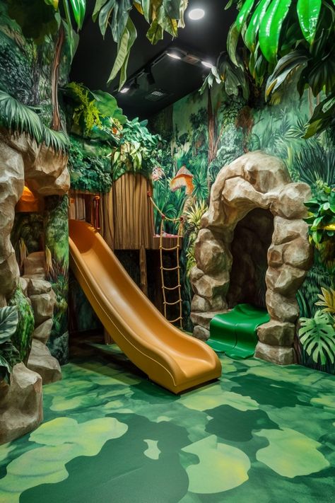 Playroom With Slide, Jungle Installation, Study And Playroom, Jungle Playroom, Cozy Playroom, Zoo Room, Country Future, Toy Room Ideas, Room Ideas For Kids