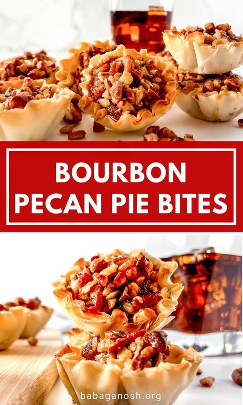 Mini Pecan Cheesecake Bites, Mini Bourbon Pecan Pies, Thanksgiving Desserts Finger Food, Bourbon Pecan Brie Bites, Mini Pecan Pie Bites, Boozy Thanksgiving Dessert, Thanksgiving Desserts Bite Size, Burbon Pecan Pie, Thanksgiving Dessert Bites