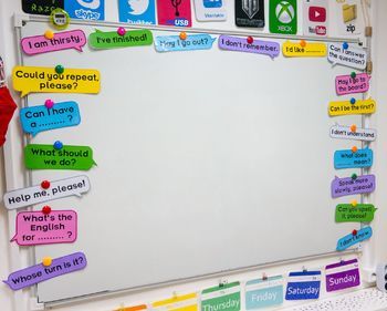 Speech bubbles for classroom language by Language Stuff | TpT Classroom English Decor, English Language Classroom Decoration, English Board Decoration Ideas, English Corner Decoration School, White Board Decoration Ideas Classroom, English Decoration Classroom, English Corner Classroom Ideas, English Charts For Classroom, English Class Decoration