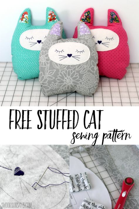 Sew up a free stuffed cat sewing pattern with this easy beginner sewing tutorial! See the video or photo walk through to sew this simple stuffed animal pattern. Cat Sewing Pattern, Cat Sewing, Cat Pillows, Stuffed Cat, Tutorial Sewing, Animal Sewing Patterns, Sewing Stuffed Animals, Sew Ins, Beginner Sewing Projects Easy