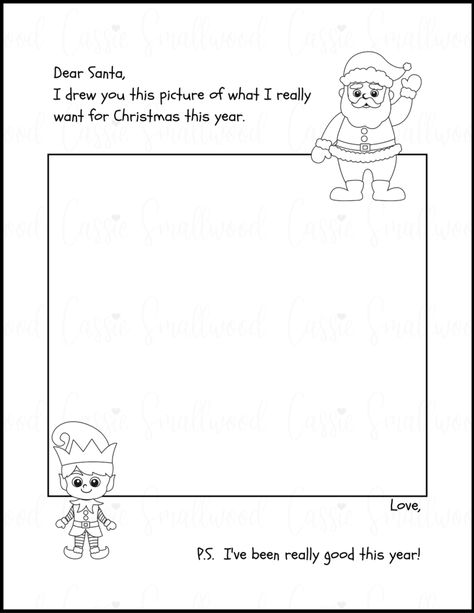 Letter to Santa Claus template with blank box for drawing a picture. Black and white coloring page dear Santa letter. Letters To Santa Free Printable Preschool, Santa Letter Template Free Printable, Free Printable Santa Letters, Letter To Santa Template, Kids Christmas Coloring Pages, Santa Writing, Santa Letters, Coloring Letters, Dear Santa Letter