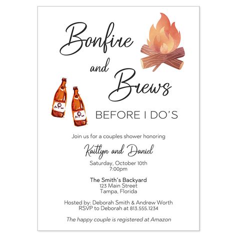 Invite guests to your couples shower with this invitation featuring beer and a bonfire. White envelopes included. Fun Couples Shower Themes, Jack And Jill Party Invitations, Backyard Couples Shower Ideas, Stag And Doe Theme Ideas, Jack And Jill Themes, October Elopement Ideas, Fall Engagement Party Themes, Couples Party Themes, Bonfire Engagement Party