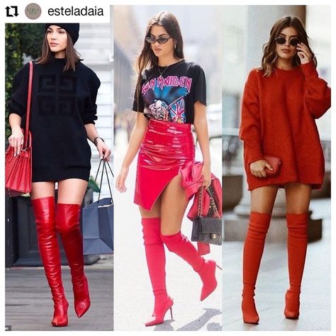 Red Thigh Boots Outfit, Red Over The Knee Boots Outfit, Long Red Boots Outfit, Red Thigh High Boots Outfit, Red Knee High Boots Outfit, Thigh High Boots Outfit Winter, High Boots Outfit Winter, Red Boots Outfit, Red Knee High Boots