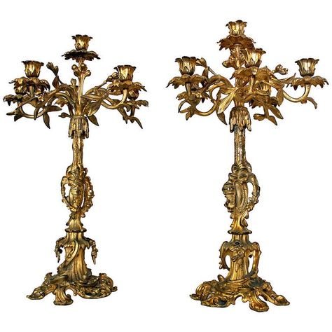 19th Century French Rococo Style Pair of Gold Gilt Candelabras | From a unique collection of antique and modern candle holders at https://www.1stdibs.com/furniture/decorative-objects/candle-holders/ Rococo Interior, Rococo Furniture, Baroque Decor, Modern Candle, Modern Candle Holders, French Rococo, Style Baroque, Rococo Style, Lantern Candle Holders