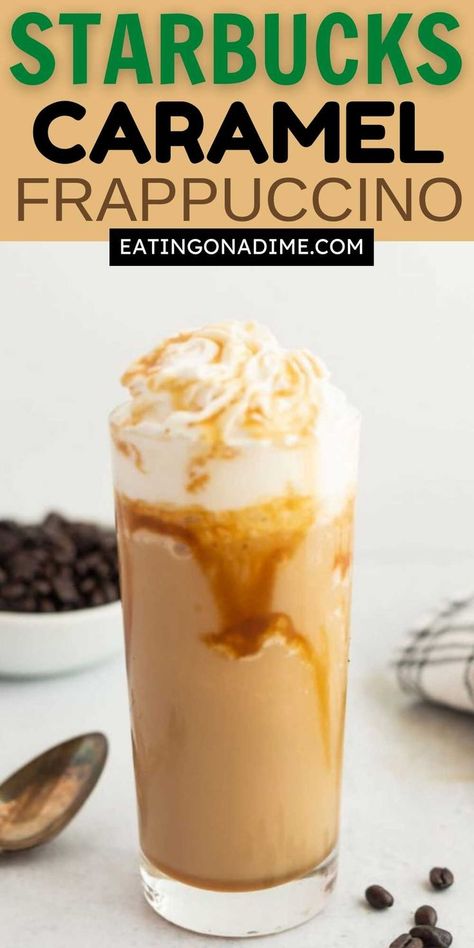 Skip the drive-thru and make Starbucks Caramel Frappuccino at home. Easy to make with only a few ingredients and taste delicious. This DIY copycat Starbucks is a family favorite with simple ingredients. #eatingonadime #copycatrecipe #caramelfrap Homemade Starbucks Drinks, Caramel Frappuccino Recipe, Coffee Drinks At Home, Starbucks Caramel Frappuccino, Easy Homemade Caramel, Blended Coffee Drinks, Caramel Frappe, Homemade Starbucks, Breakfast Dessert Recipes