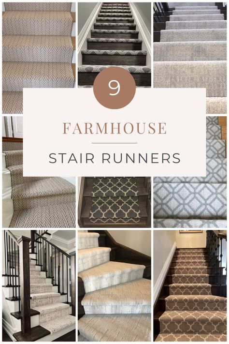 9 favorite farmhouse stair runners Carpet On Stairs With Wood Floors Modern, Farmhouse Stair Runner Ideas, Rugs For Stairs Staircases, Rug Runner On Stairs, Farmhouse Stairs With Runner, Modern Farmhouse Carpet Stairs, Stair Runner Carpet Farmhouse, Farmhouse Staircase Makeover, Modern Farmhouse Stair Runner