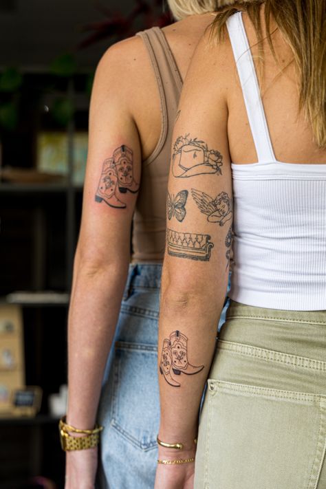 Western Matching Tattoos For Best Friends, Western Mom Tattoos, Friend Country Tattoos, Matching Cowgirl Tattoos, Cute Western Best Friend Tattoos, Matching Nashville Tattoos, Cowboy Tattoo Simple, Western Woman Sleeve Tattoo, Best Friend Tattoos Cowboy