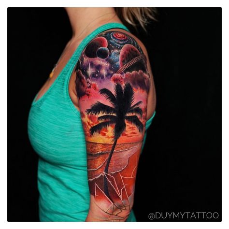 Palm Tree with Beach Sunset and Galaxy for @jpalkerlopez... Beach Tattoo Ideas Color, Sunset Sleeve Tattoo, Serene Tattoo, Beach Tattoo Sleeve, Sunset Beach Tattoo, Surfing Tattoos, Galaxy Sleeve, Half Sleeve Tattoo Upper Arm, Galaxy Tattoos