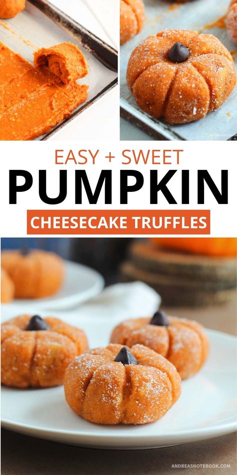 Pumpkin Pie Cheesecake Truffles 12 Tomatoes, Pumpkin Cheesecake Pops, Pumpkin Shaped Food Ideas, Pumpkin Shaped Muffins, Pumpkin Cheesecake Truffle Balls, Fall Candy Treats, Pumpkin Truffles Recipe, Pumpkin Spice Cheesecake Balls, Pumpkin Pie Cheesecake Truffles