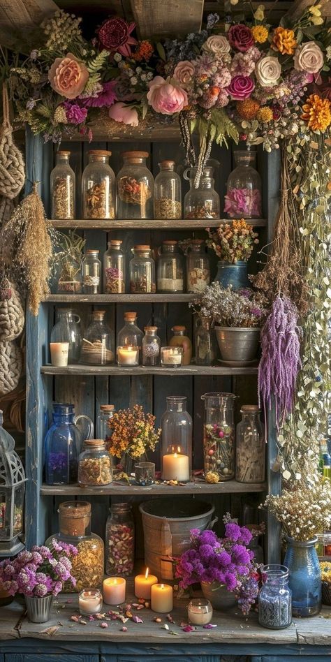 Colorful Glass Bottles, Garden Apothecary, Witchy Apothecary, Apothecary Art, Apothecary Decor, Iron Brackets, Herbal Apothecary, Ceramic Pieces, Oak Planks