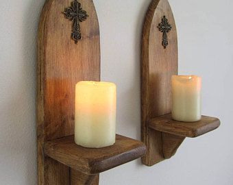 Pair of Church / Gothic style wall sconce candle holders with Antique bronze cross / crucifix decoration , various sizes available Wall Sconces Living Room, Decorative Wall Sconces, Rustic Wall Sconces, Indoor Wall Sconces, Diy Candle Holders, Wall Sconces Bedroom, Home Altar, Wooden Candle Holders, Crosses Decor