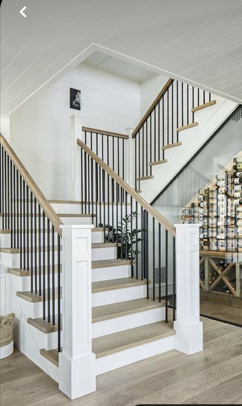 Stairs Traditional, Modern Farmhouse Staircase, Broadmoor House, Farmhouse Staircase, Carlton Landing, Transitional Staircase, Stairs And Doors, White Staircase, Stair Banister