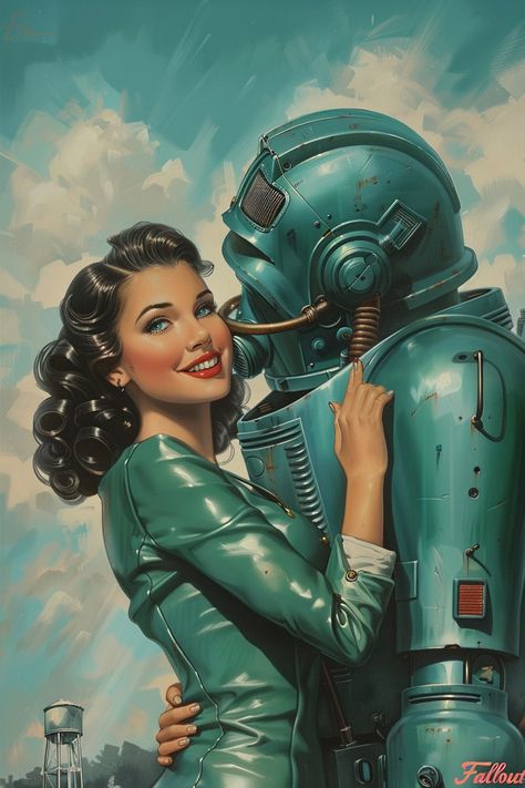 Fallout Pin Up Art, 50s Sci Fi Art, Retro Sci Fi Robot, Vintage Sci Fi Art, Sci Fi Illustration, Atomic Punk, Science Fiction Artwork, Fallout Art, Science Fiction Illustration