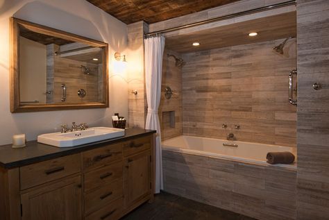 Tub Shower Combo Remodel, Bathroom Tub Shower Combo, Bathtub Shower Combo, Drop In Tub, Bathroom Tub Shower, Rustic Shower, Double Shower, Small Remodel, Bathroom Tub