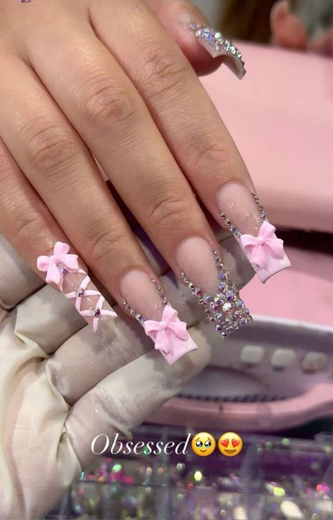 Pink Nails With Jewels Rhinestones, Medium Birthday Acrylic Nails, Pink Girly Nails Acrylic, Birthday Nail Set Ideas Pisces, French Tip Birthday Nails, Cute Birthday Nail Ideas, Cute Nails With Charms, Birthday Freestyle Nails, Cute Baddie Nails