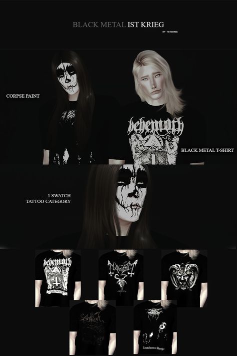 Sims 4 Cc Alt, Sims 4 Cc Goth, Metal Band Shirts, Ts4 Clothes, Corpse Paint, Sims 4 Traits, Sims Packs, Cc Packs, Ts4 Mods